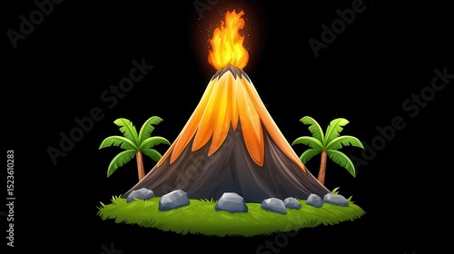 Pixel art volcano erupting with lava, surrounded by lush green vegetation and palm trees on a small island against a black background