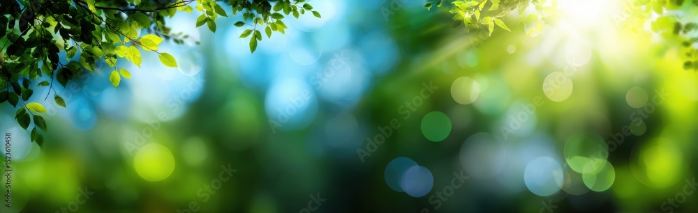 Fototapeta premium Summer nature banner with blurred green trees and blue sky, sunlight rays through foliage for wellness branding and social media headers. 