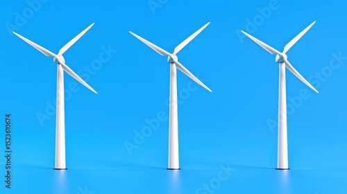 Three white wind turbines stand against a vibrant blue sky, rendered in a pixelated style. The clean design and sharp color contrast create a simple