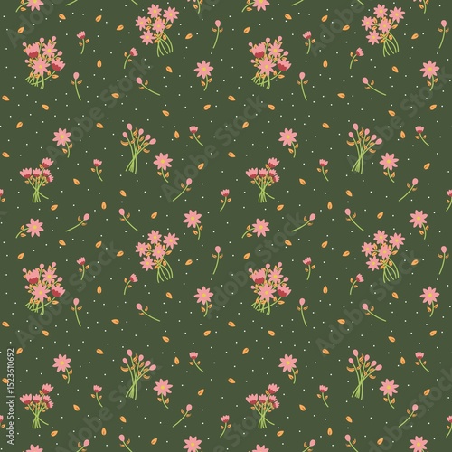 christmas green background with pink flowers seamless pattern