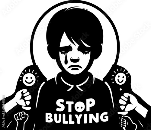 Illustration of a sad child with a "Stop Bullying" shirt and support  