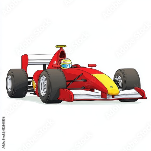 Red and yellow race car illustration on white background. Digital painting of a fast formula car, suitable for automotive design and sports themes