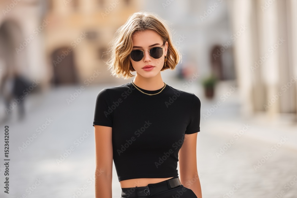 Obraz premium A stylish young woman with short blonde hair wearing a black crop top mockup and sunglasses, standing confidently in a cobblestone street. The background features blurred historical architecture.