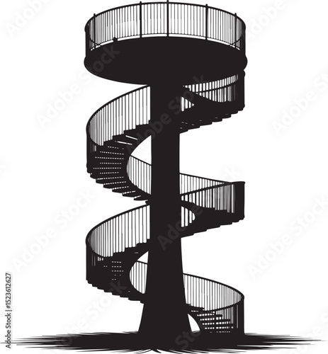Spiral Staircase Tower Black Silhouette, Outdoor Structure, Observation Deck.