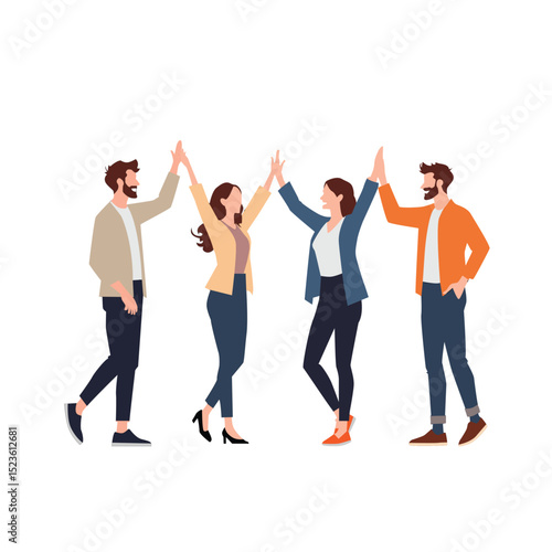 illustration of a group of people giving each other high fives,very close friendship,business team celebrating success,teamwork and cooperation concept,happy coworkers giving each other high fives,off