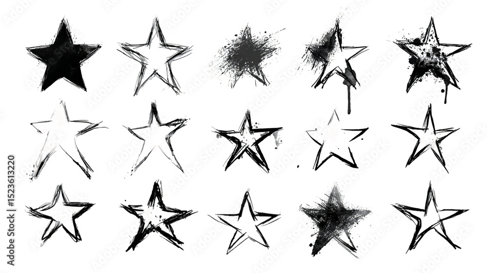 Fototapeta premium Abstract Grayscale Star Shapes Collection with Transparent Background, PNG