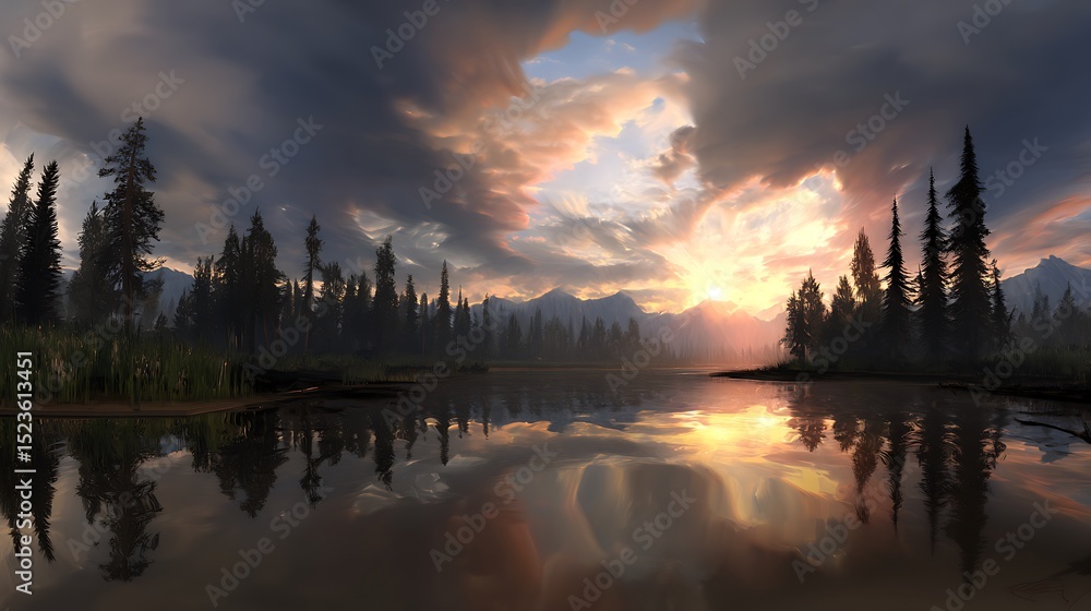 Obraz premium Serene lake reflecting stunning sunset scenery