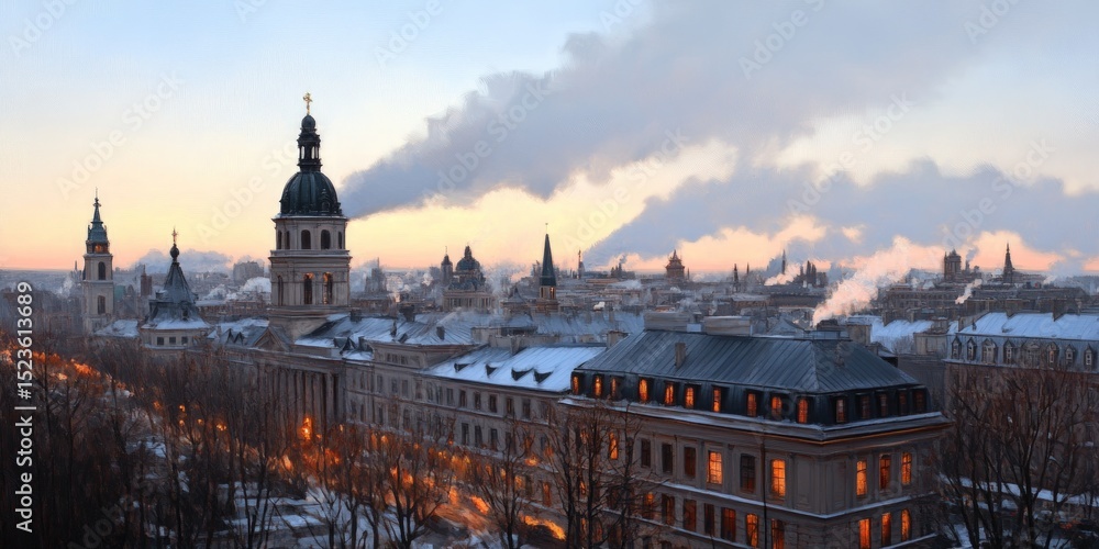 Fototapeta premium European cityscape at dusk panorama featuring historical architecture and urban skyline