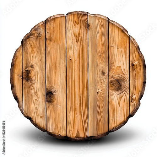 Round wooden slice with visible wood grain and texture, isolated on white background. Light brown and beige tones. Rustic and natural look