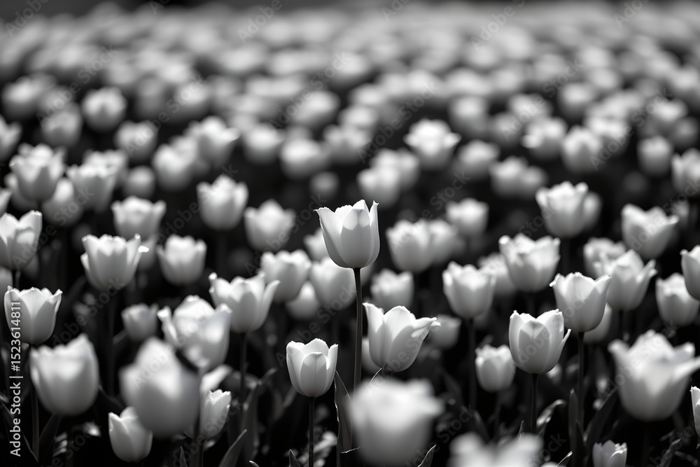 Fototapeta premium monochrome silhouette of a tulip field with a single white flower.