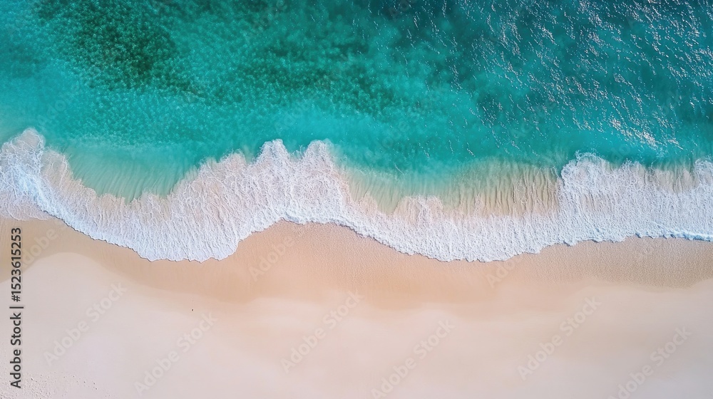 Obraz premium Aerial view of turquoise waves on a white sand beach.