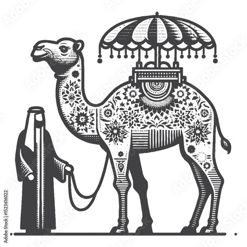 Vintage Hand-Drawn Camel With Colorful Festival Decorations Illustration, Cultural Celebration Engraved Style Vector for T-Shirts and Festive Themes Design