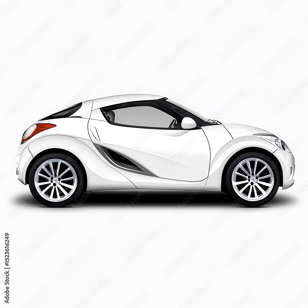 Fototapeta premium Side profile of a sleek white coupe with black accents, set against a bright white background. The car's design is modern and sporty, with sharp