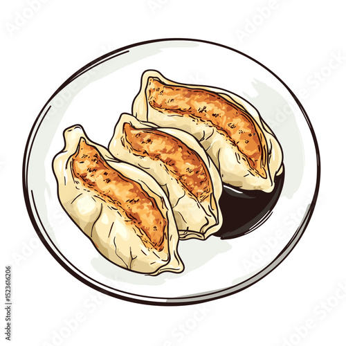 Pan-Fried Gyoza Dumplings with Dipping Sauce Illustration
