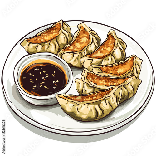 Pan-Fried Gyoza Dumplings with Dipping Sauce Illustration