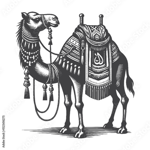 Vintage Hand-Drawn Camel With Ornamental Harness Illustration, Decorative Desert Animal Engraved Style Vector for T-Shirts and Cultural Themes Design