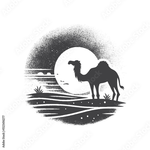 Vintage Hand-Drawn Camel Silhouette at Sunset Illustration, Desert Scene Engraved Style Vector for T-Shirts and Wildlife Themes Design