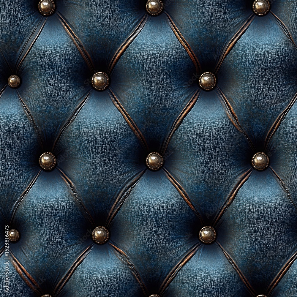 Fototapeta premium Seamless pattern of luxurious deep blue leather upholstery with classic diamond tufting and gleaming golden buttons. Ideal for sophisticated design backgrounds.