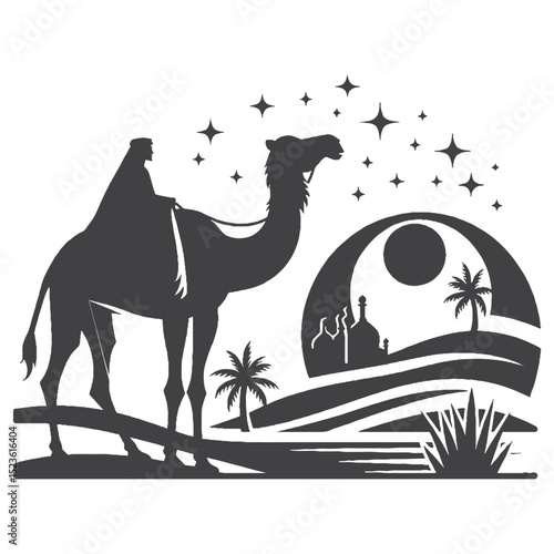 Vintage Hand-Drawn Camel Standing Tall With Sunset Glow Illustration, Desert Scenic Engraved Style Vector for T-Shirts and Wildlife Themes Design