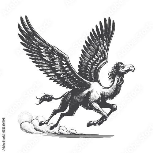 Vintage Hand-Drawn Camel Flying Surreal Wings Spread Illustration, Fantasy Animal Engraved Style Vector for T-Shirts and Imaginative Themes Design