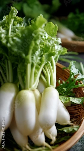 Fresh white radishes with green leafy tops arranged in a woven basket against a dark textured surface in a food photography setting.