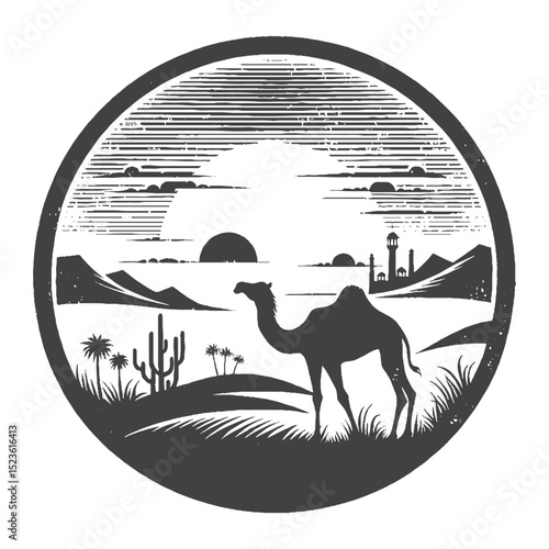 Vintage Hand-Drawn Camel Standing Tall With Sunset Glow Illustration, Desert Scenic Engraved Style Vector for T-Shirts and Wildlife Themes Design