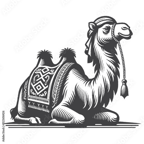 Vintage Hand-Drawn Camel Sitting Calmly Illustration, Desert Animal Engraved Style Vector for T-Shirts and Wildlife Themes Design