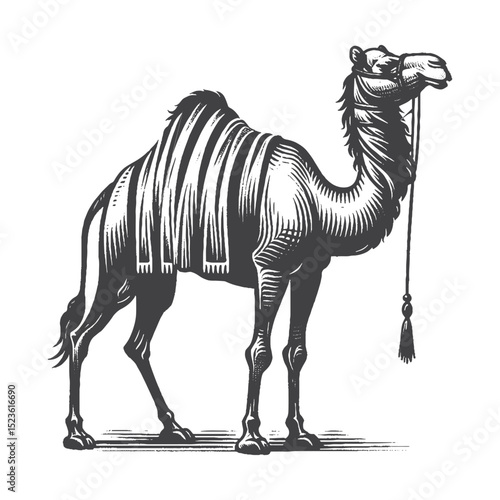 Vintage Hand-Drawn Camel Full Body Standing Illustration, Desert Animal Engraved Style Vector for T-Shirts and Wildlife Themes Design