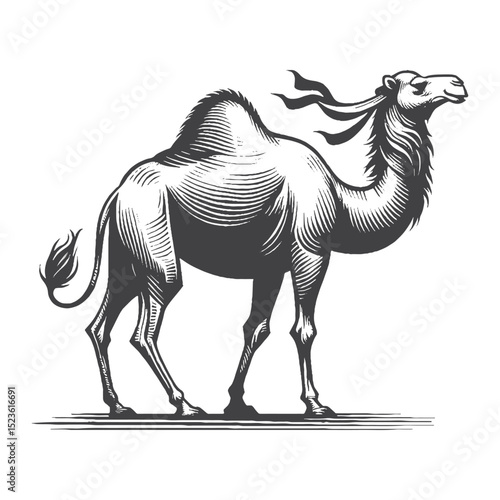 Vintage Hand-Drawn Camel Full Body Side View Illustration, Desert Animal Engraved Style Vector for T-Shirts and Wildlife Themes Design
