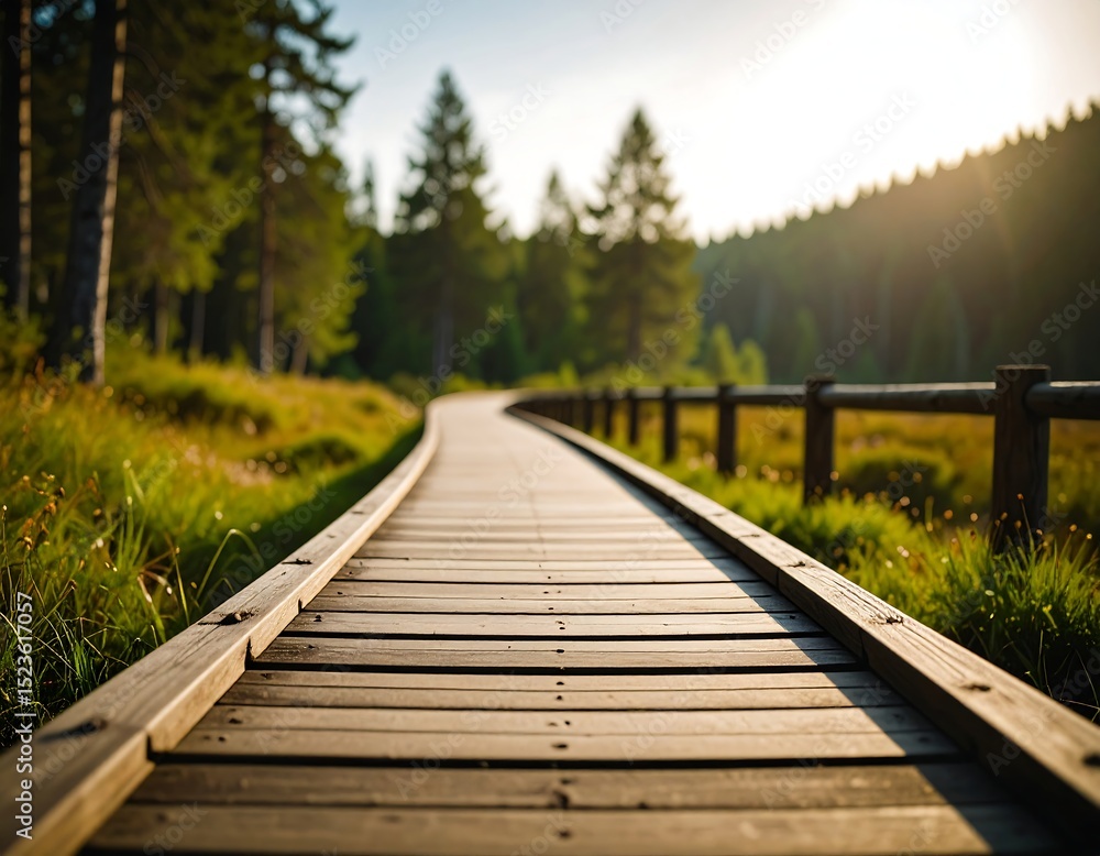 Fototapeta premium Serene Wooden Pathway Through Lush Green Forest Tranquil Nature Walk