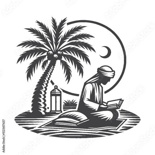 Vintage Hand-Drawn Muslim Sitting Reading the Quran Illustration, Spiritual Devotion Engraved Style Vector for T-Shirts and Religious Themes Design
