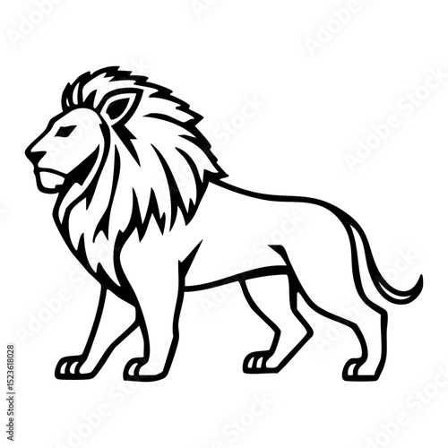 A regal black outline of a majestic lion standing proudly with a flowing mane, symbolizing strength, courage, and leadership