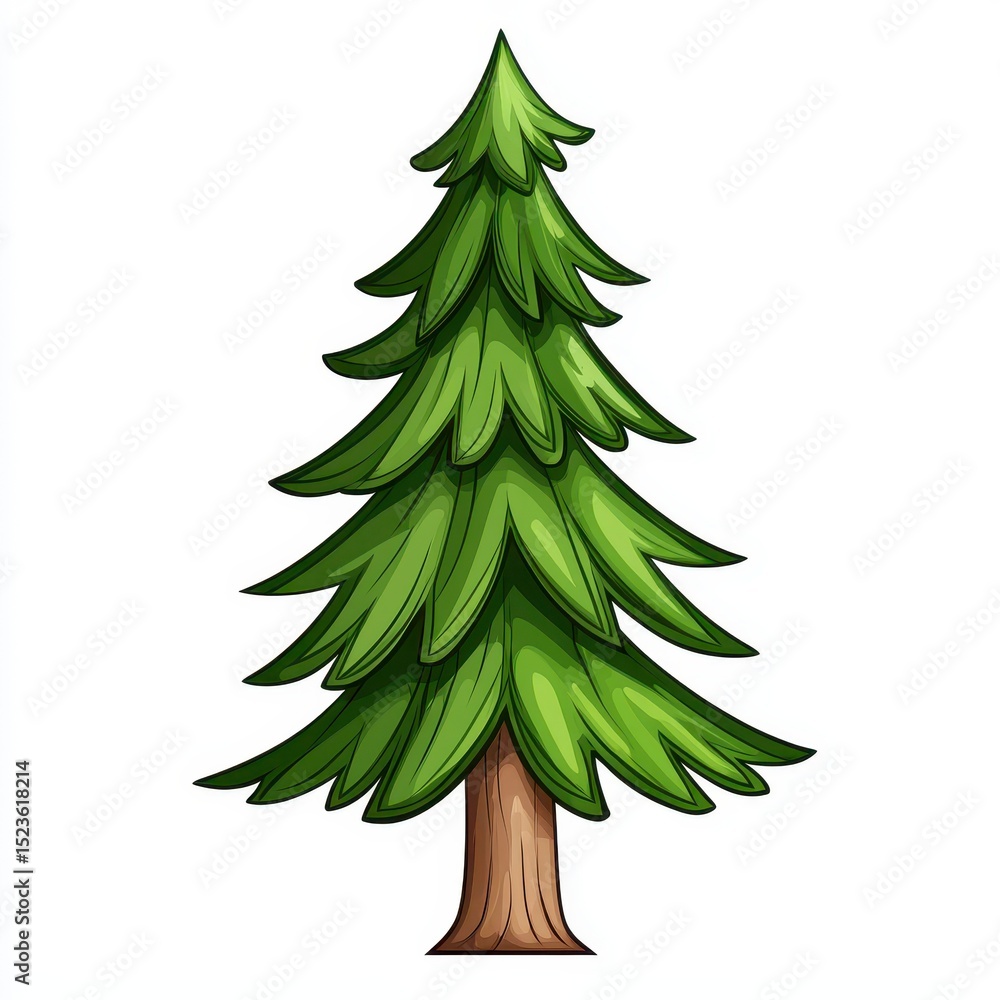 Obraz premium Illustration of a stylized evergreen tree with dark brown trunk and lush green foliage against a white background