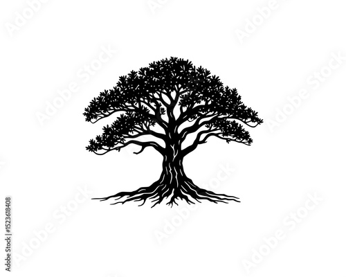 woodcut linocut engraving black ink print style illustration of a giant oak cedar tree