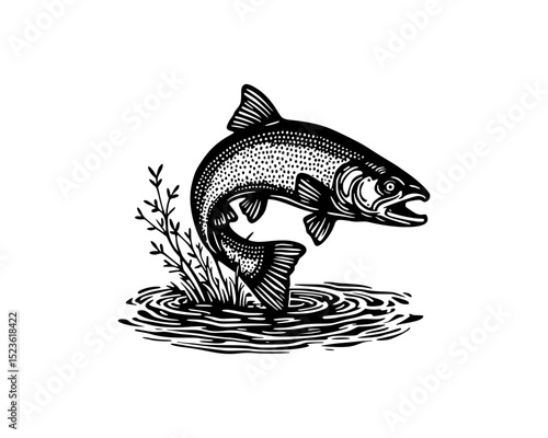 woodcut linocut engraving black ink print style illustration of a jumping trout carp fish over a water
