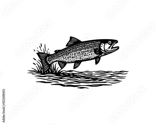 woodcut linocut engraving black ink print style illustration of a jumping trout carp fish over a water
