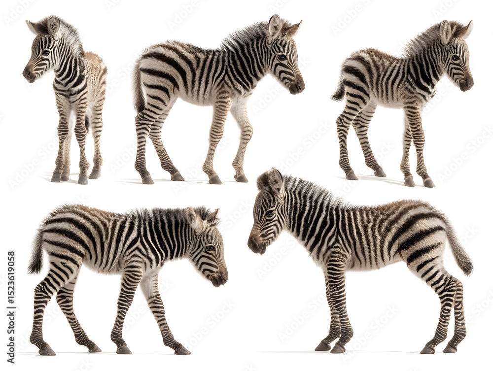 Obraz premium Five adorable zebra foals stand on a white background showcasing their unique black and white stripes.