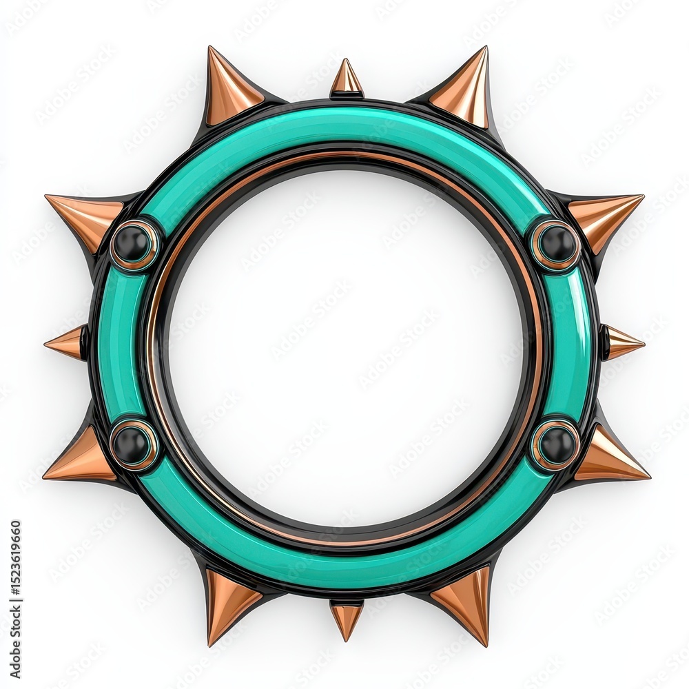Obraz premium Teal and copper circular frame with sharp spikes, isolated on white background. 3D render