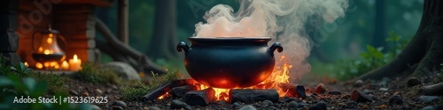 A bubbling cauldron over a crackling fire, steam rising amidst mystical herbs and glowing embers, creating an eerie yet enchanting scene of witchy brewing , spooky, shadows