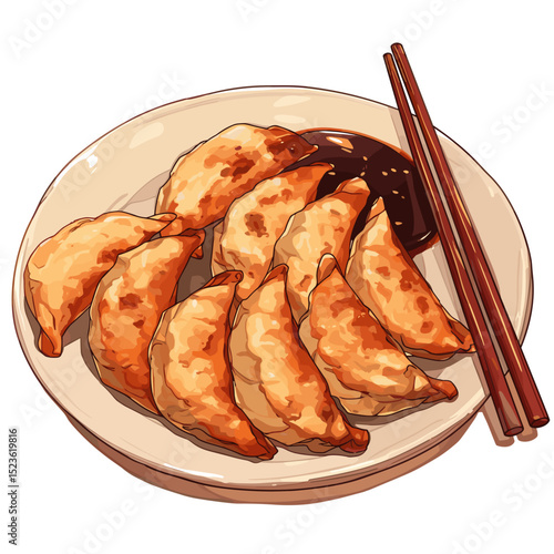 Gyoza Dumplings with Soy Dipping Sauce and Chopsticks