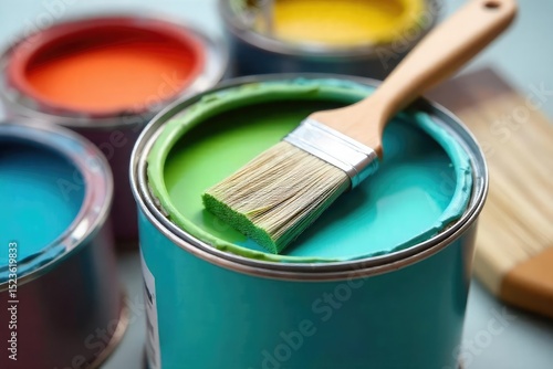A close-up shot of a paintbrush resting on a paint can, surrounded by various house painting tools Ready for the next stroke of color on a home improvement project , object, exterior design