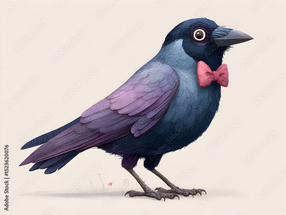 Fototapeta premium A charming cartoon crow with blue feathers and a pink bow tie stands against a light background color.