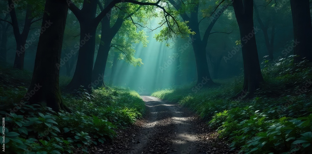 Naklejka premium A shadowed, overgrown path winds into a dark and dense forest, hinting at secrets and untold stories The air feels heavy with mystery, promising adventure or danger , darkness, vibe
