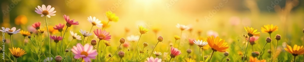 Fototapeta premium A sun-drenched field of wildflowers swaying gently in the breeze, radiating joy and serenity Perfect for concepts of happiness, contentment, and carefree living , joy, countryside