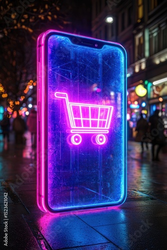 Neon phone with shopping cart app, city street background