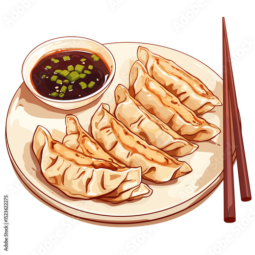 Gyoza Dumplings with Soy Dipping Sauce and Chopsticks