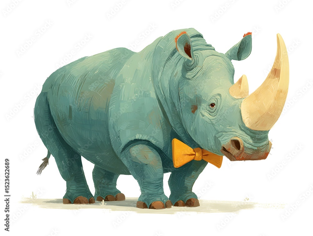 Fototapeta premium An adorable blue rhinoceros wea a yellow bow tie stands proudly against a bright white background artfully.