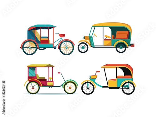Collection of colorful asian style rickshaws and tricycles isolated on white background
