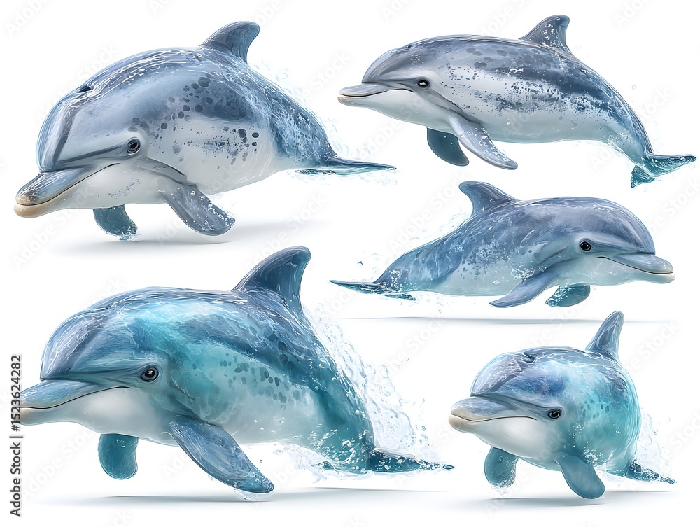 Fototapeta premium A group of realistic dolphins in various poses swims playfully near the surface of the crystal clear ocean water.