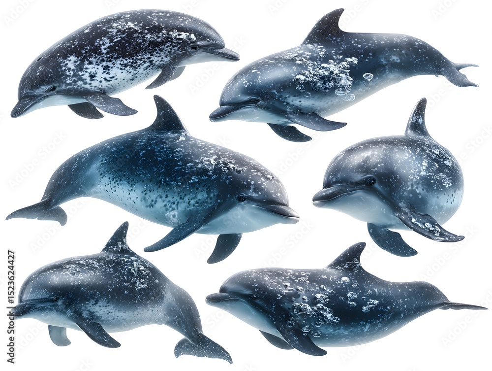 Fototapeta premium A group of spotted dolphins swim with a mottled texture effect on a clean white background in studio shot.
